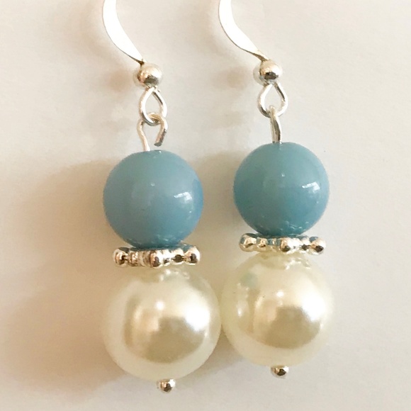Silver Light Blue Bead Pearl Earrings Handmade - Picture 1 of 8